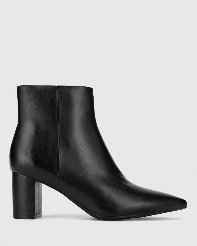 Wittner Deja Black Leather Block Heel Point Toe Ankle Boot