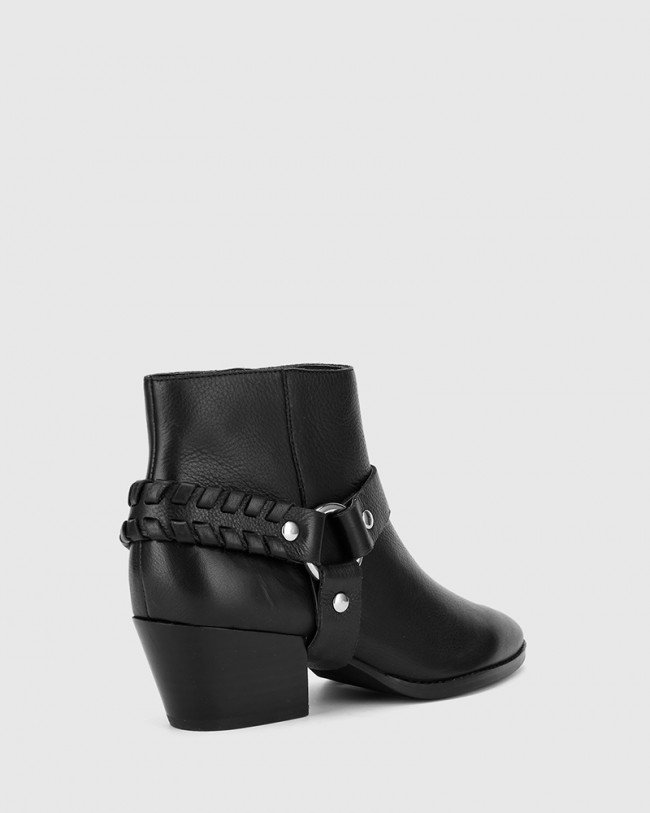Wittner Kerrence Black Leather Block Heel Harness Ankle Boot