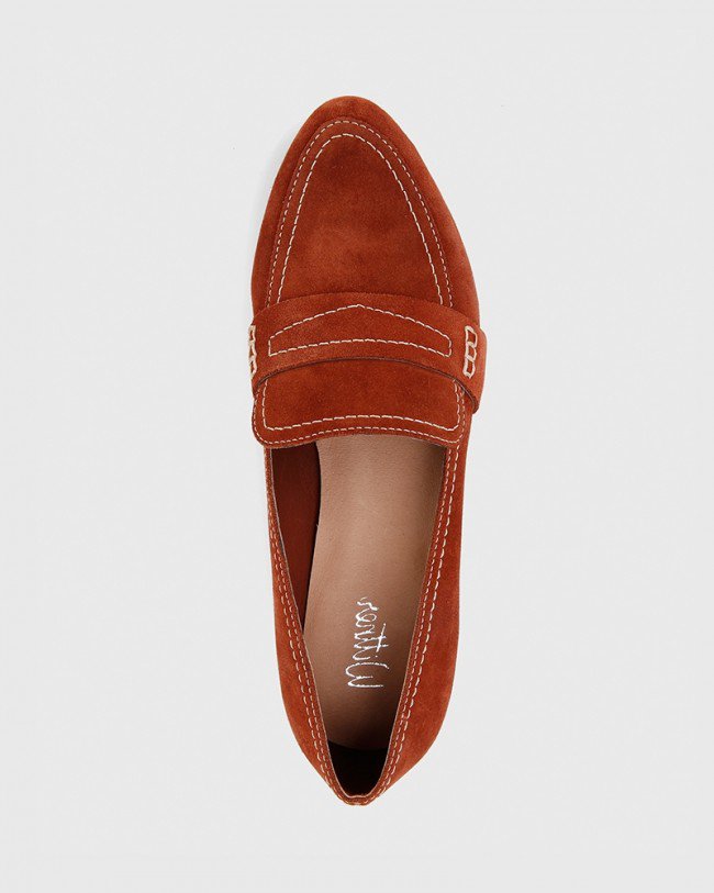Wittner Abelon Rust Suede Stitched Flat Penny Loafer