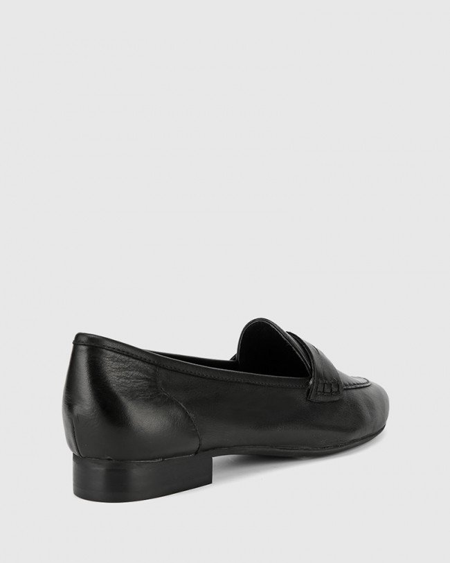 Wittner Austin Black Leather Almond Toe Flat Penny Loafer