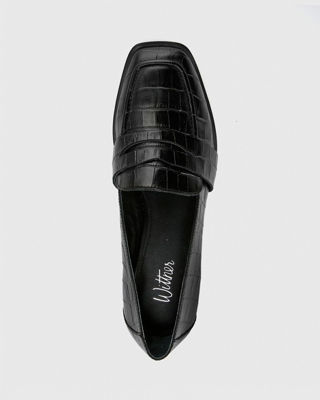 Wittner Fentis Black Crocodile Printed Leather Square Toe Loafer
