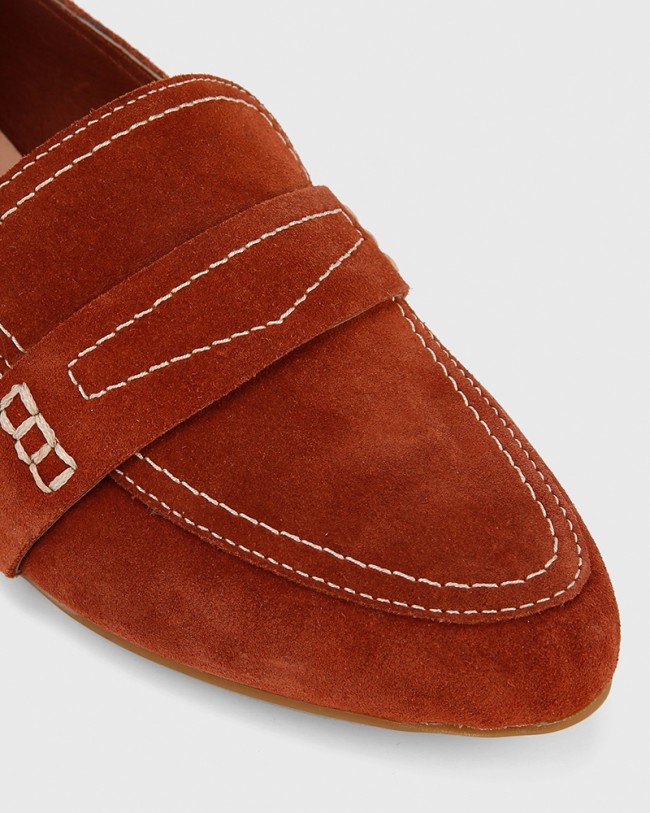 Wittner Abelon Rust Suede Stitched Flat Penny Loafer