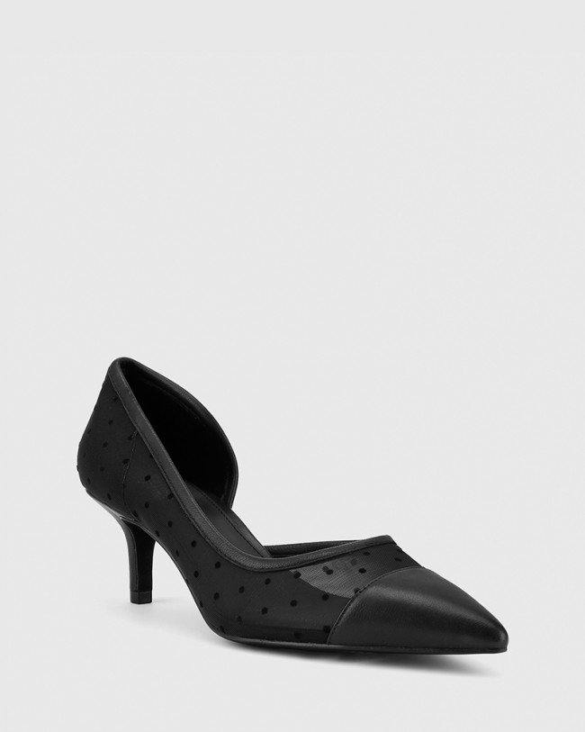Wittner Natala Black Leather and Polka Dot Mesh Stiletto Heel
