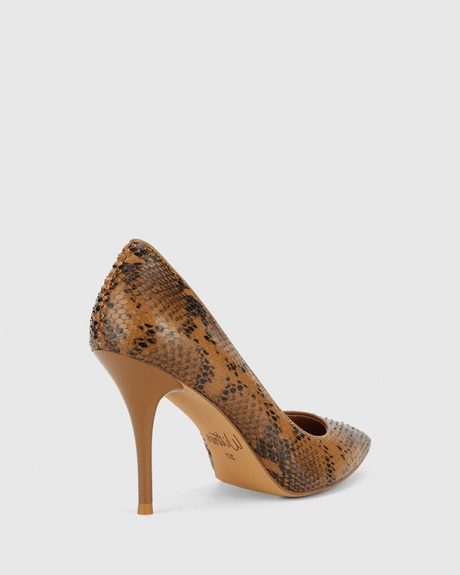 Wittner Hughes Camel Snake Print Leather Pointed Toe Stiletto Heel