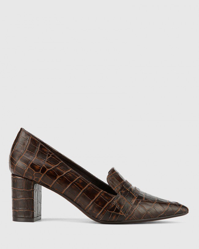 Wittner Donner Chocolate Crocodile Print Leather Block Heel Pointed Pump