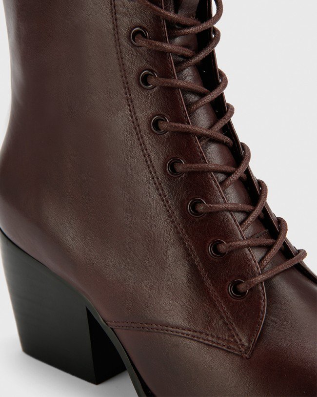 Wittner Kallie Wine Leather Pointed Toe Lace Up Block Heel Ankle Boot