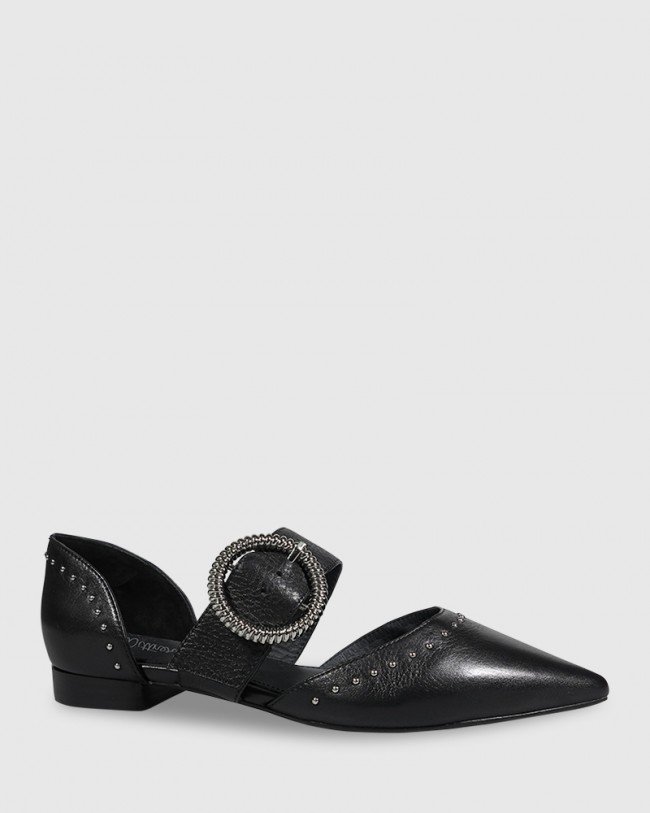 Wittner Marco Black Leather Silver Buckle Detail Pointed Toe Flat