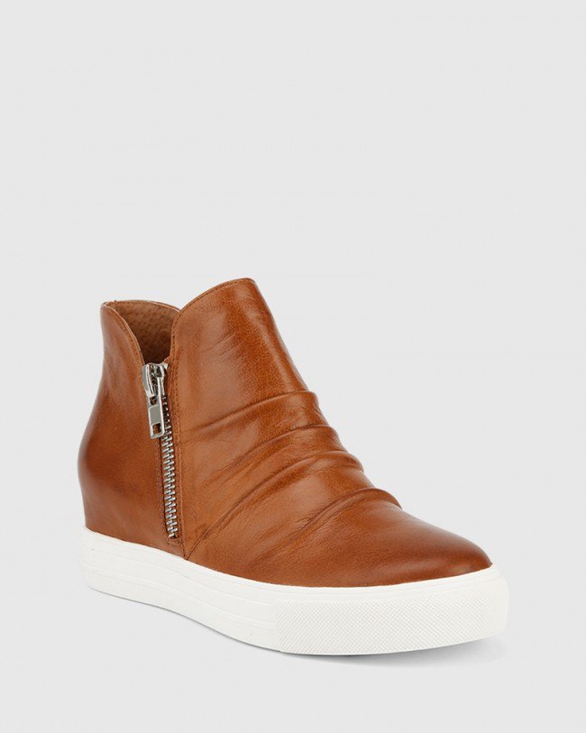 Wittner Savino Tan Leather Zip Concealed Wedge High Top Sneaker