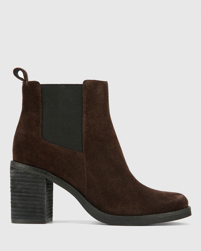 Wittner Tobey Brown Suede Elastic Gusset Block Heel Ankle Boot