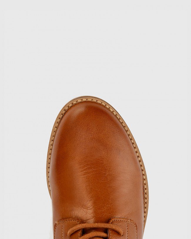 Wittner Carver Cognac Leather Lace Up Flat Ankle Boot