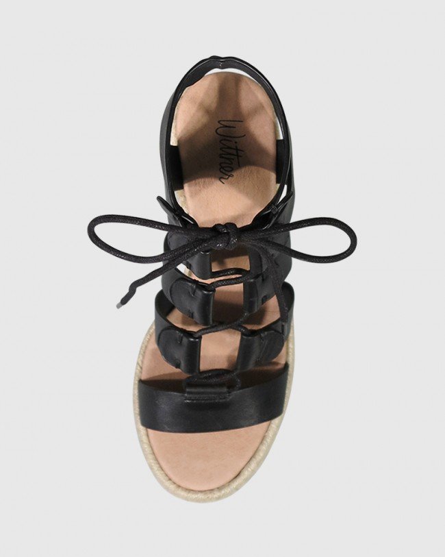 Wittner Venita Black Leather Lace Up Espadrille Style Wedge
