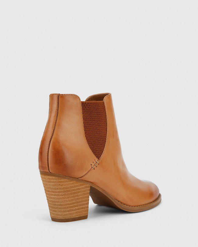 Wittner Kessie Tan Leather Round Toe Stack Heel Ankle Boot
