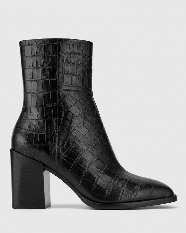 Wittner Sahara Black Croc Printed Leather Block Heel Ankle Boot