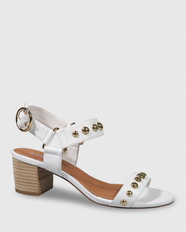 Wittner Alejandro White Leather Gold Stud Detail Block Heel Sandal