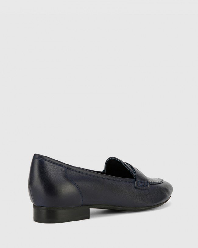Wittner Austin Navy Leather Almond Toe Flat Penny Loafer
