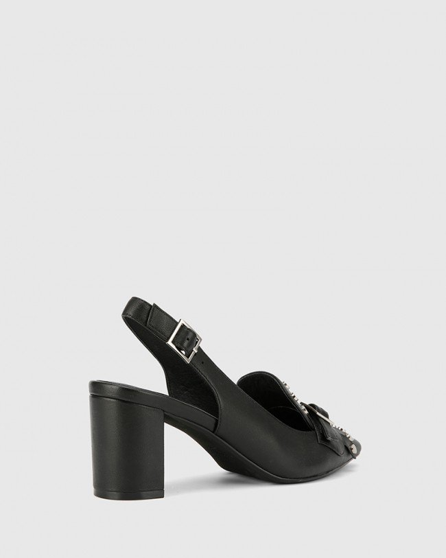 Wittner Danae Black Leather Stud Detail Slingback Heel
