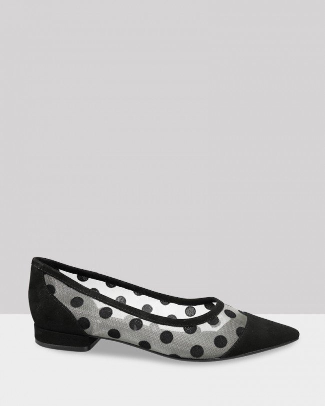 Wittner Malone Black Suede Polka Dot Mesh Pointed Flat