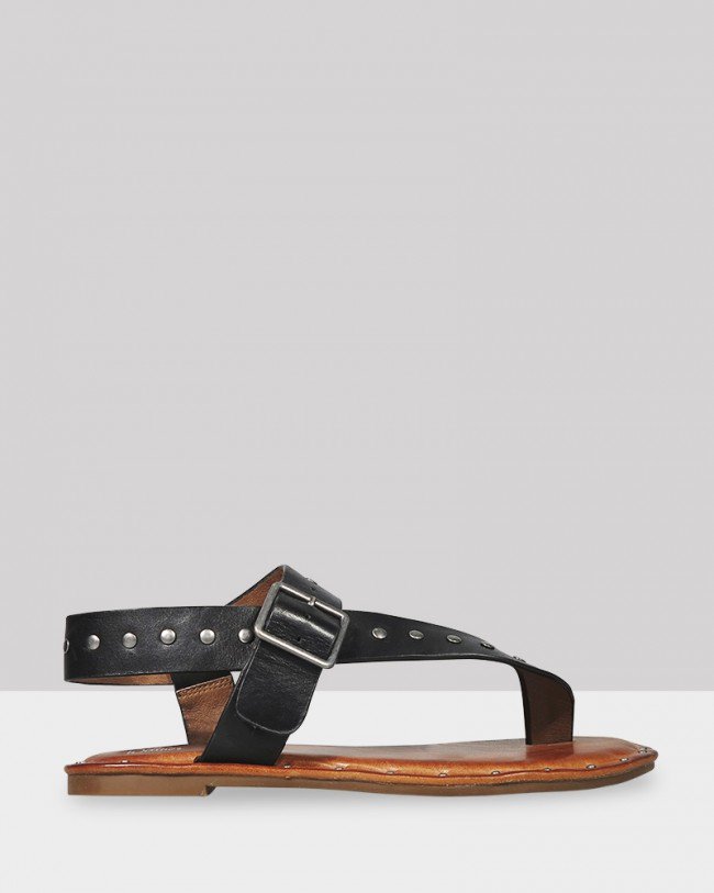 Wittner Flint Black Leather Stud Flat Sandal