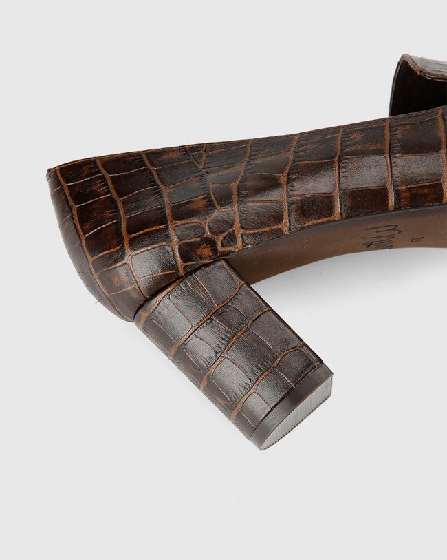 Wittner Donner Chocolate Crocodile Print Leather Block Heel Pointed Pump