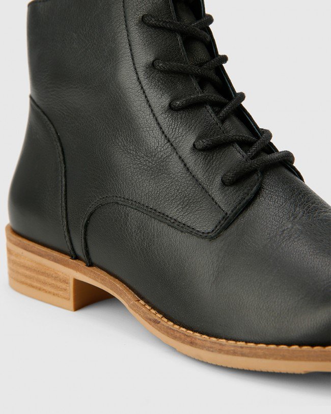 Wittner Carver Black Leather Lace Up Flat Ankle Boot