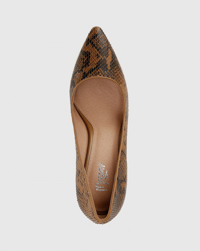 Wittner Hughes Camel Snake Print Leather Pointed Toe Stiletto Heel