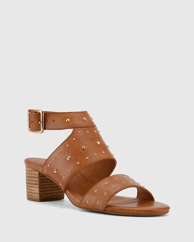 Wittner Alexandre Tan Leather Gold Stud Block Heel Sandal