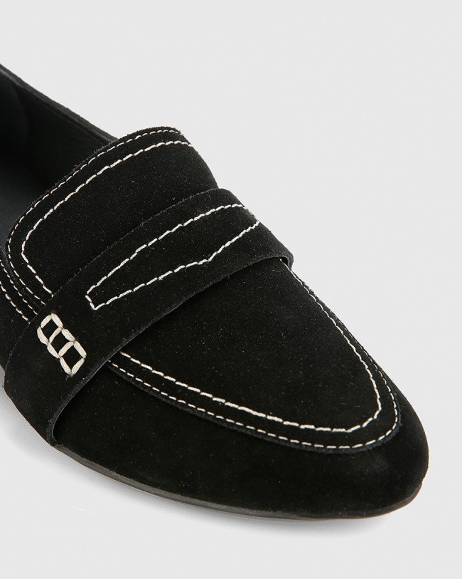 Wittner Abelon Black Suede Stitched Flat Penny Loafer
