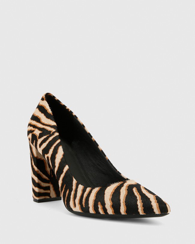 Wittner Hether Zebra Pony Hair Leather Pointed Toe Block Heel