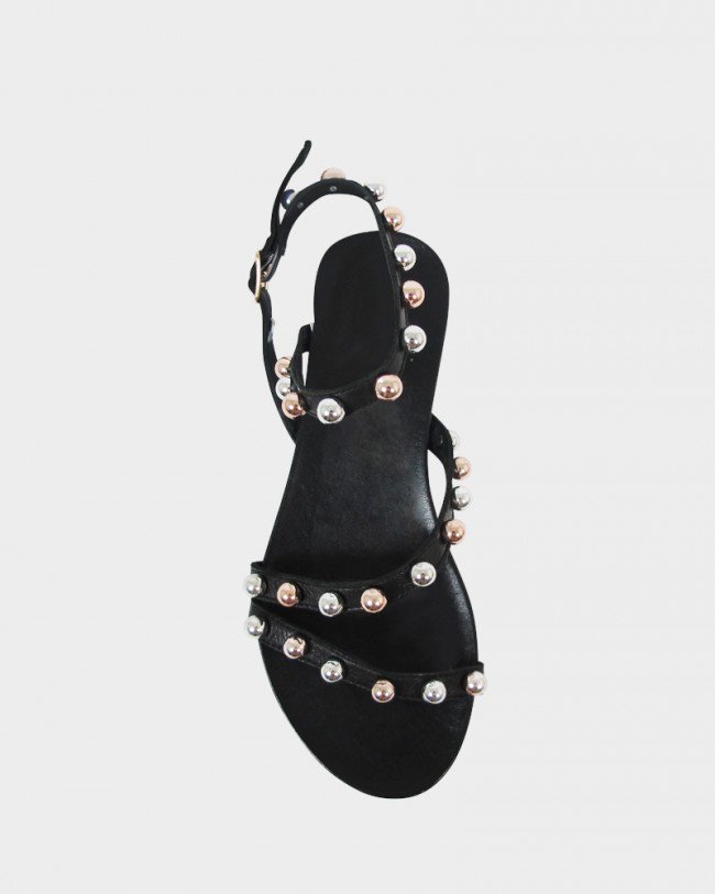 Wittner Kalisha Black Leather Strappy Stud Detail Flat Sandal