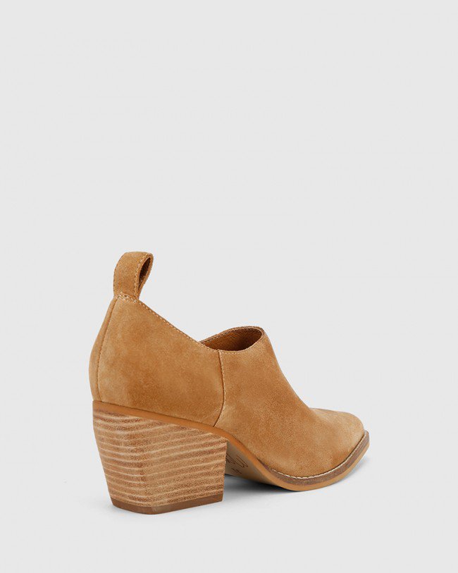 Wittner Keisha Caramel Suede Leather Pointed Toe Block Heel Bootie