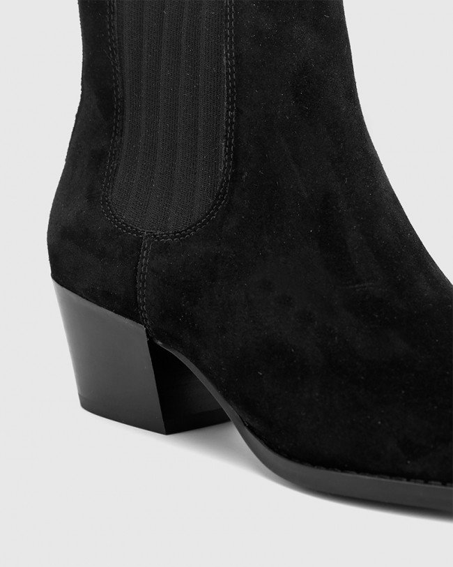 Wittner Kyrone Black Suede Leather Block Heel Point Toe Boot