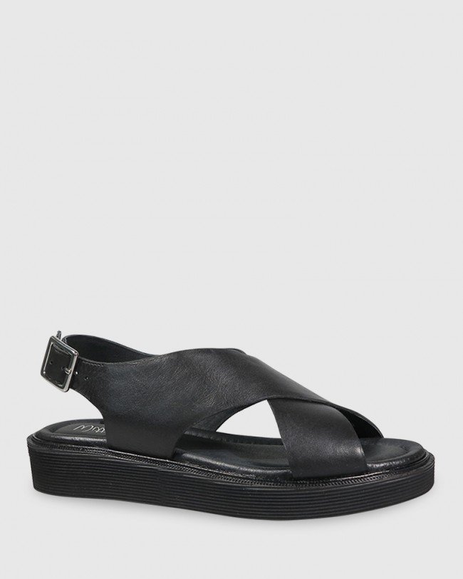 Wittner Timmie Black Leather Slingback Flatform Sandal