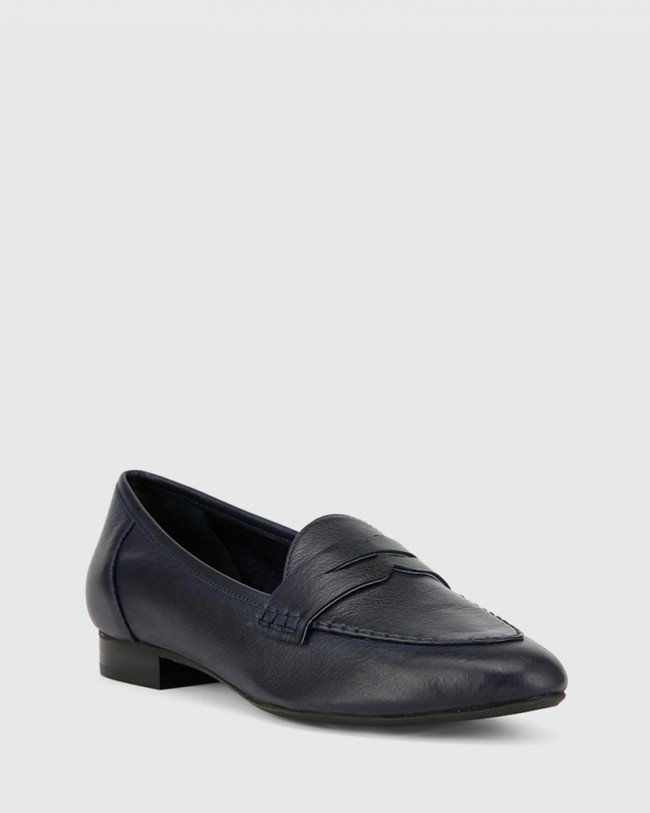 Wittner Austin Navy Leather Almond Toe Flat Penny Loafer