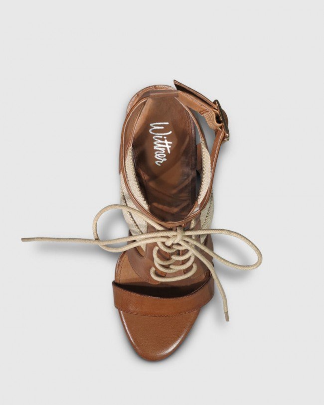Wittner Revano Tan Burnished Leather Lace Up Block Heel