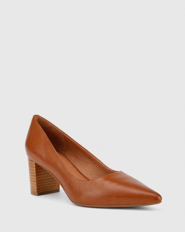 Wittner Dalena Dark Cognac Scotch Leather Block Heel Pointed Toe