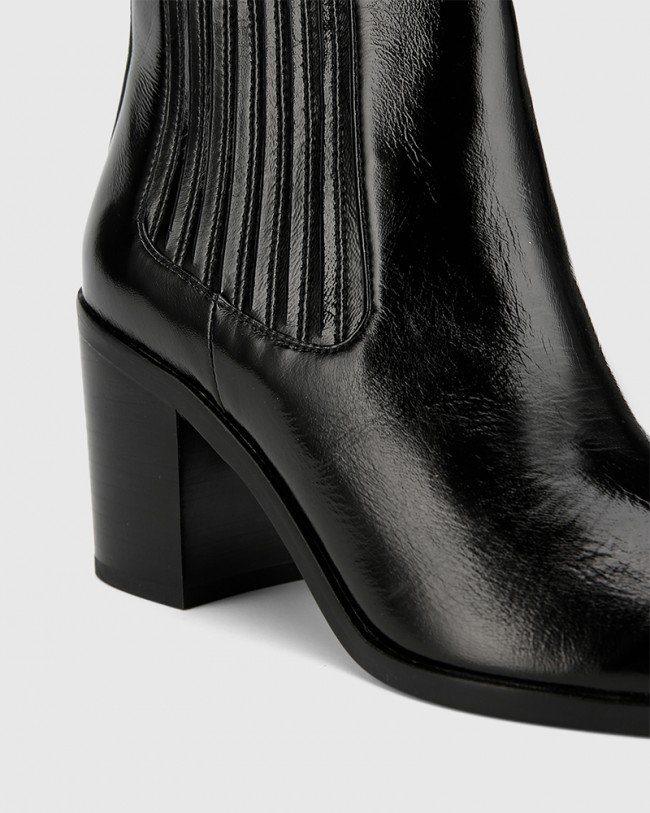Wittner Parton Black Patent Leather Elastic Gusset Block Heel Ankle Boot