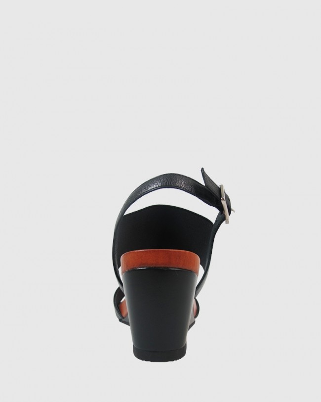 Wittner Marion Black Leather & Elastic Open Toe Wedge