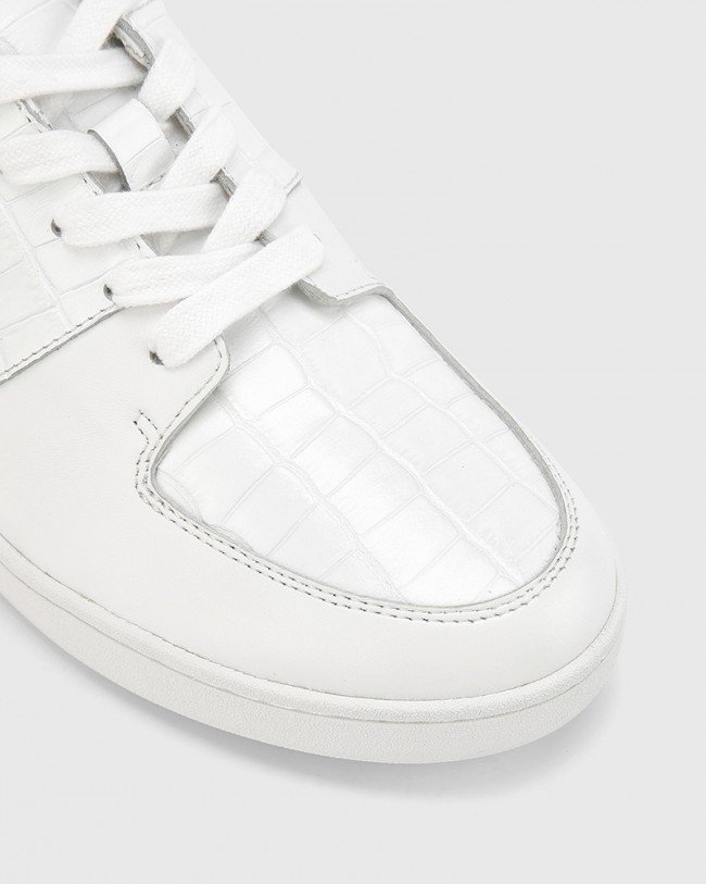Wittner Gino White Smooth Croc Leather Lace Up Sneaker