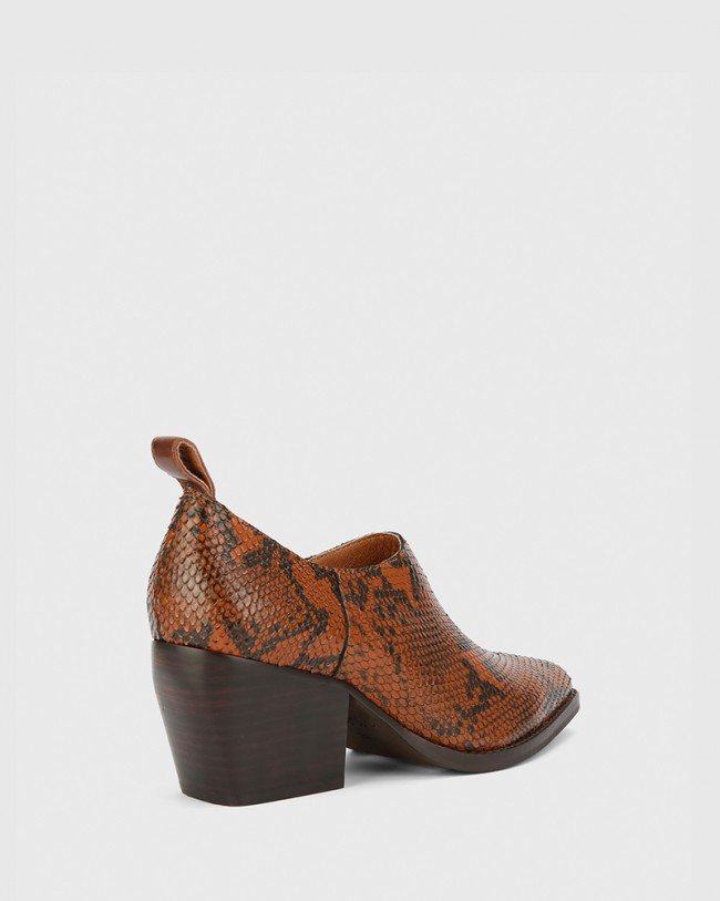 Wittner Keisha Chocolate Snake Print Leather Pointed Toe Block Heel Bootie