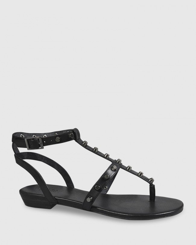 Wittner Seanna Black Leather Stud Detail Flat Sandal