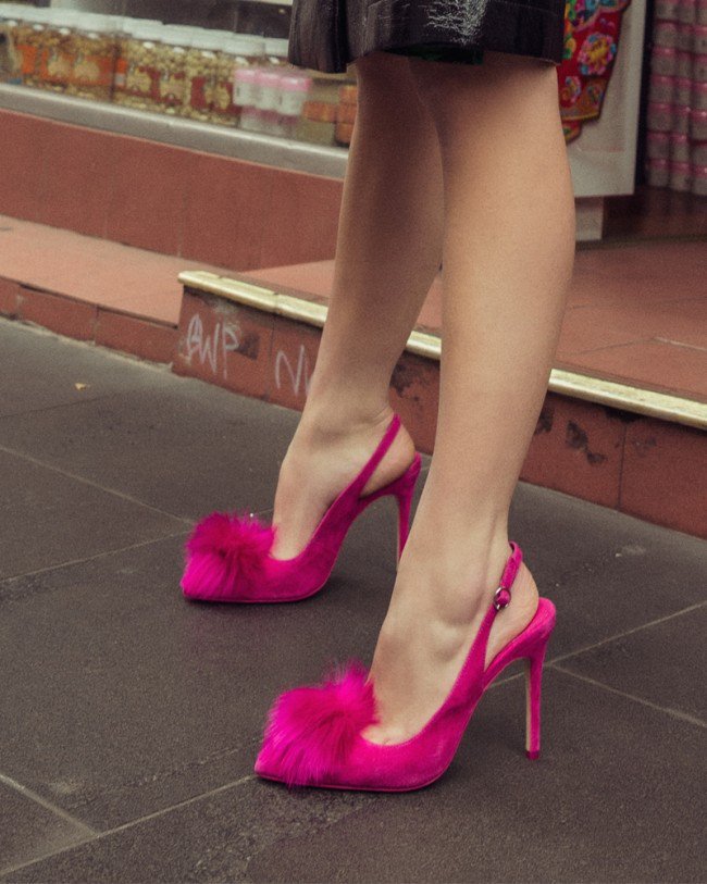 Wittner Tori Pink Suede Pom Pom Pointed Toe Stiletto Heel