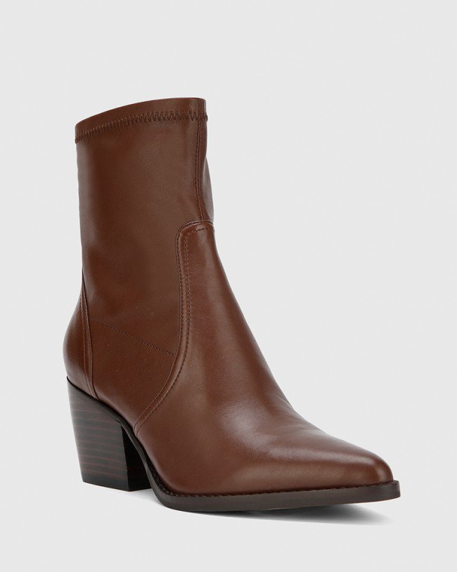 Wittner Kennith Dark Brown Leather Stretch Point Toe Block Heel Ankle Boot