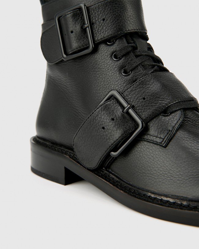 Wittner Braiden Black Leather Double Buckle Lace Up Ankle Boot