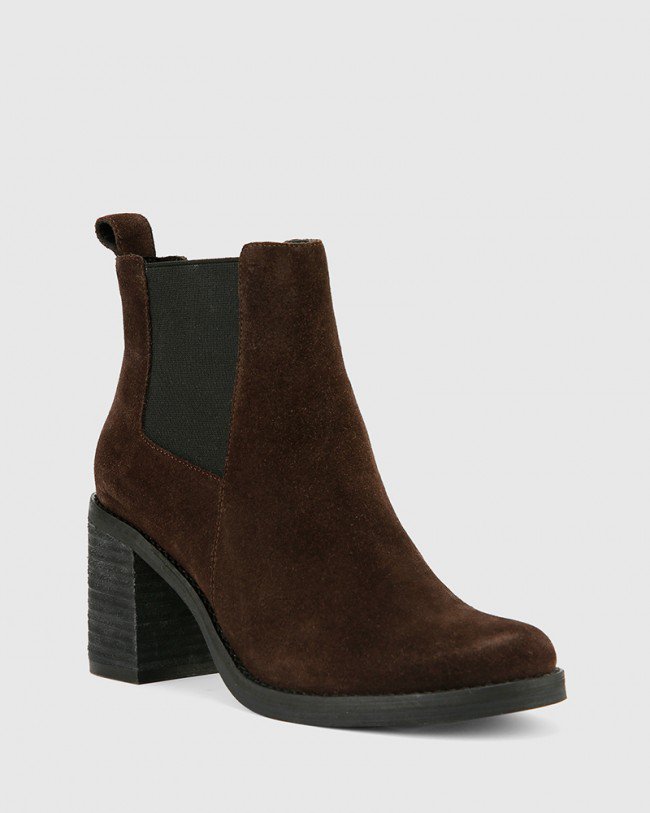 Wittner Tobey Brown Suede Elastic Gusset Block Heel Ankle Boot