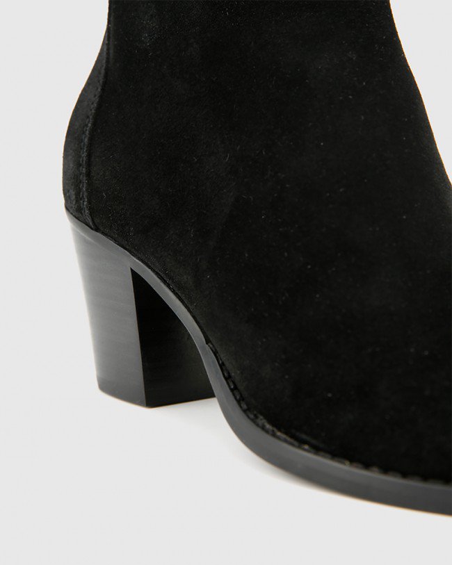 Wittner Kylar Black Suede Leather Round Toe Block Heel Ankle Boot