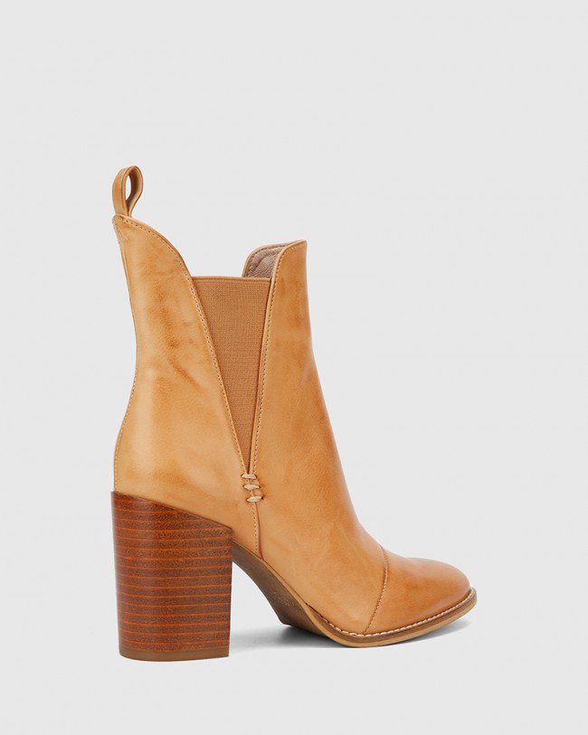 Wittner Honesty Tan Leather Elasticated Gusset Block Heel Ankle Boot