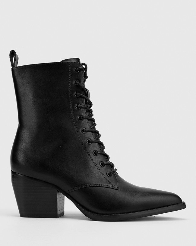 Wittner Kallie Black Leather Pointed Toe Lace Up Block Heel Ankle Boot