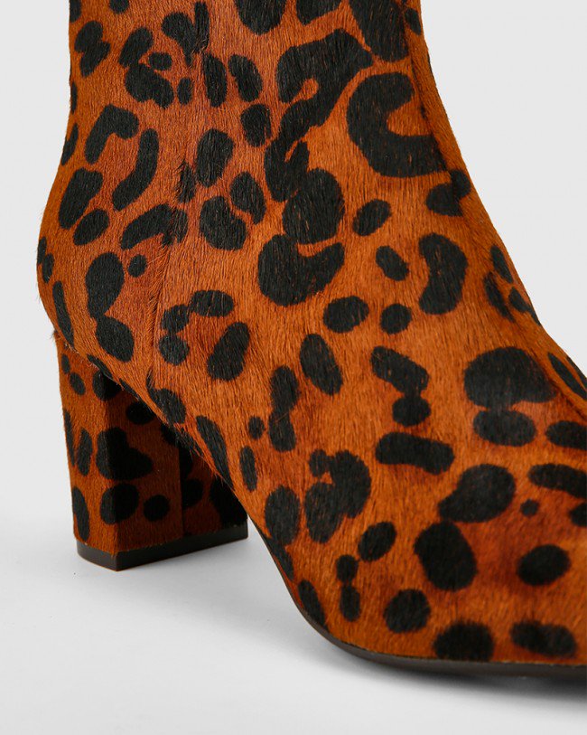 Wittner Deja Dark Brown Leopard Printed Hair On Leather Block Heel Ankle Boot