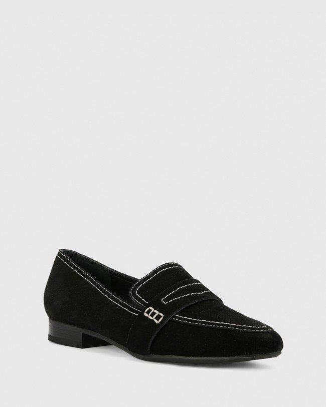 Wittner Abelon Black Suede Stitched Flat Penny Loafer