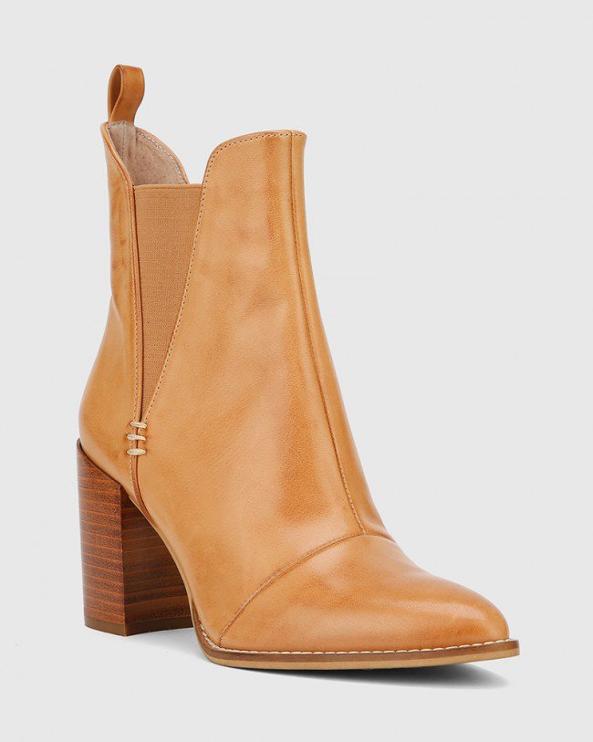 Wittner Honesty Tan Leather Elasticated Gusset Block Heel Ankle Boot